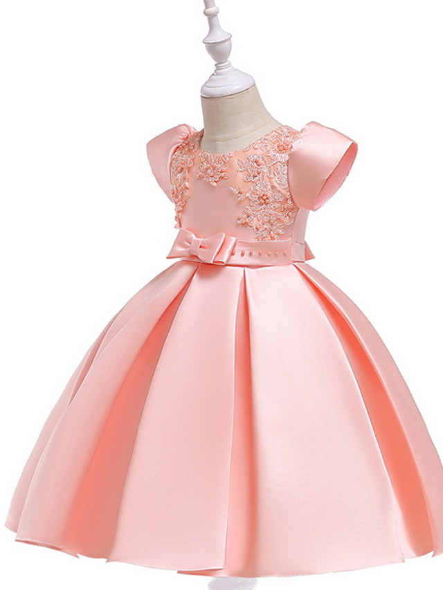 Ball Gown Knee Length Wedding / Party Flower Girl Dresses - Lace / Mikado Short Sleeve Jewel Neck With Bow(S) / Beading