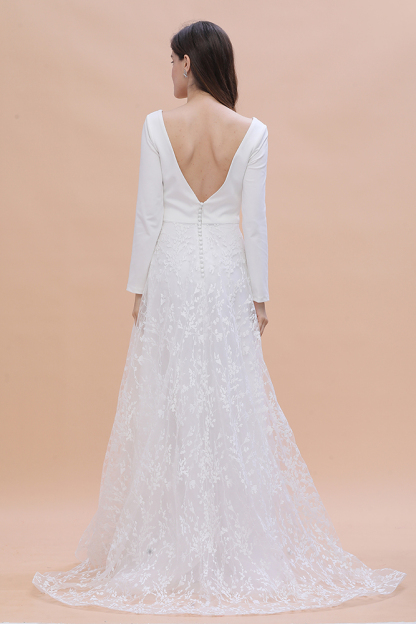Long Sleeve V-neck Satin Backless Lace A-line Wedding Dress
