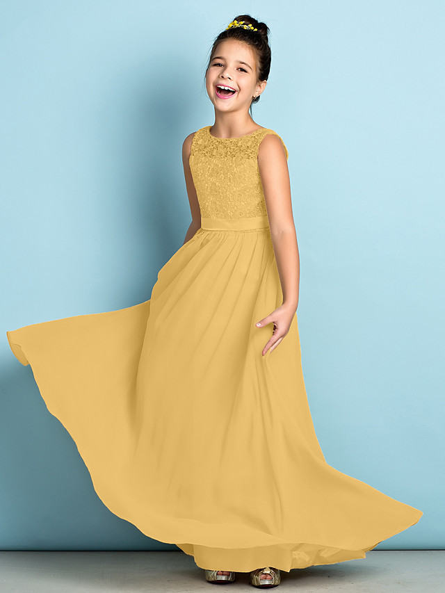A-Line Scoop Neck Floor Length Chiffon / Lace Junior Bridesmaid Dress With Lace / Natural / Mini Me