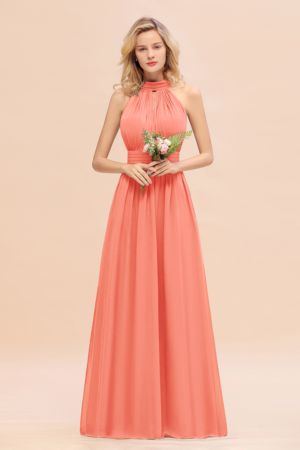 BM0758 Glamorous High-Neck Halter Bridesmaid Affordable Dresses with Ruffle