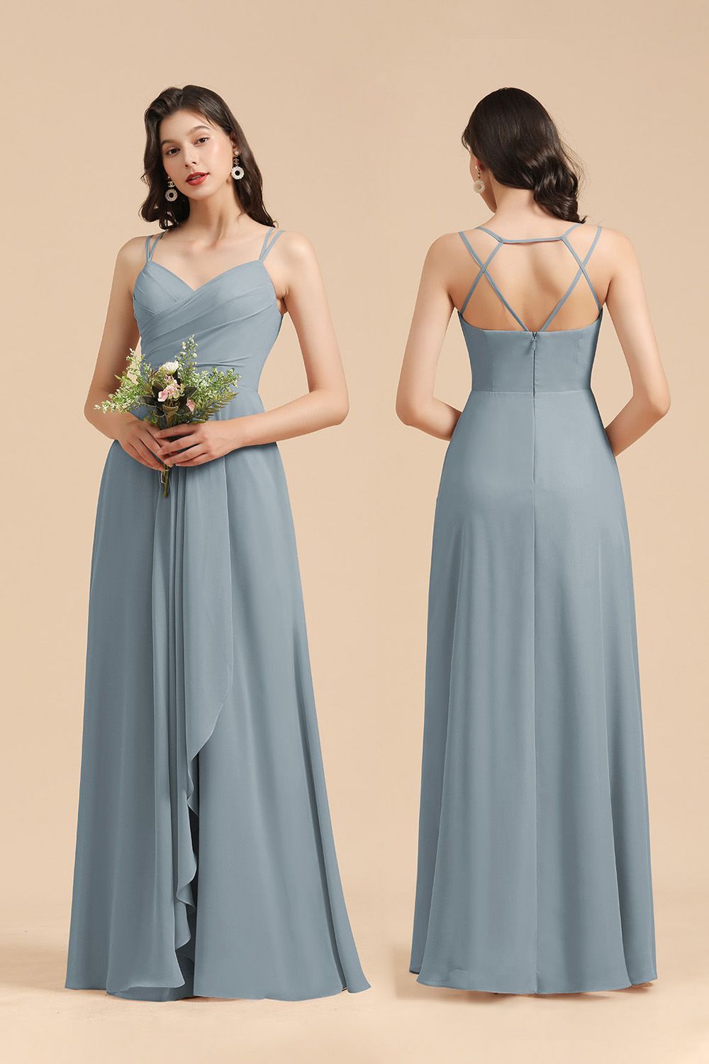 Long A-line V-Neck Chiffon Bridesmaid Dress Dusty Blue Wedding Guest Dress