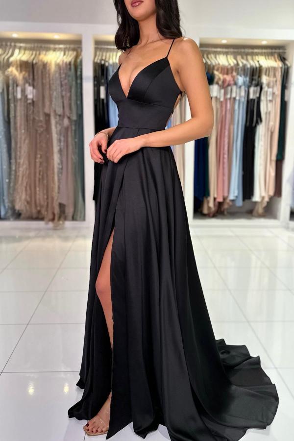 Black Long A-line V-neck Satin High Slit Backless Prom Dresses