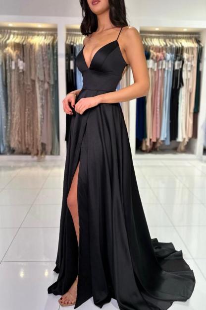 Black Long A-line V-neck Satin High Slit Backless Prom Dresses