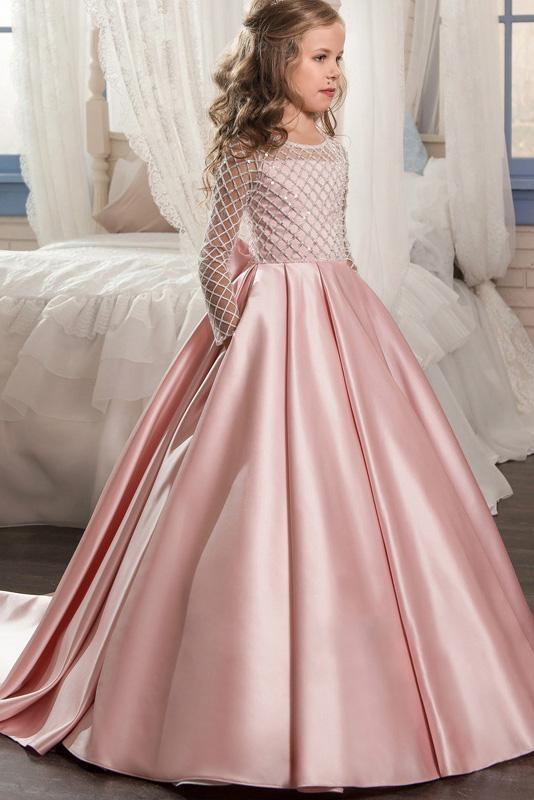 White Scoop Neck Long Sleeves Ball Gown Flower Girls Dress