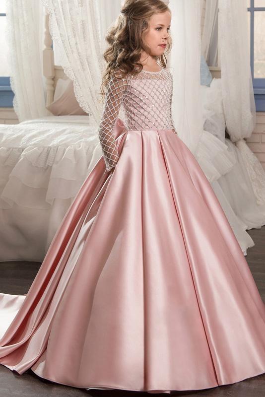 White Scoop Neck Long Sleeves Ball Gown Flower Girls Dress