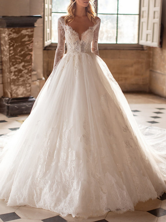 Long A-line V-neck Court Train Lace Tulle Wedding Dresses with Sleeves