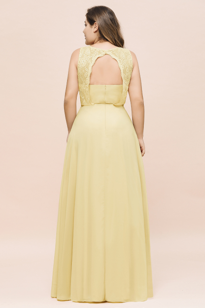 Long Plus Size Chiffon Jewel Daffodil Bridesmaid Dress with Lace