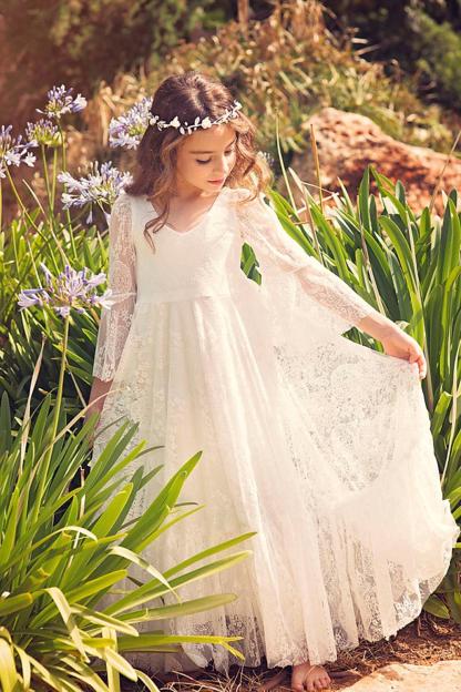 Long A-line Appliques Lace V-neck Floor Length Flower Girl Dress with Sleeves