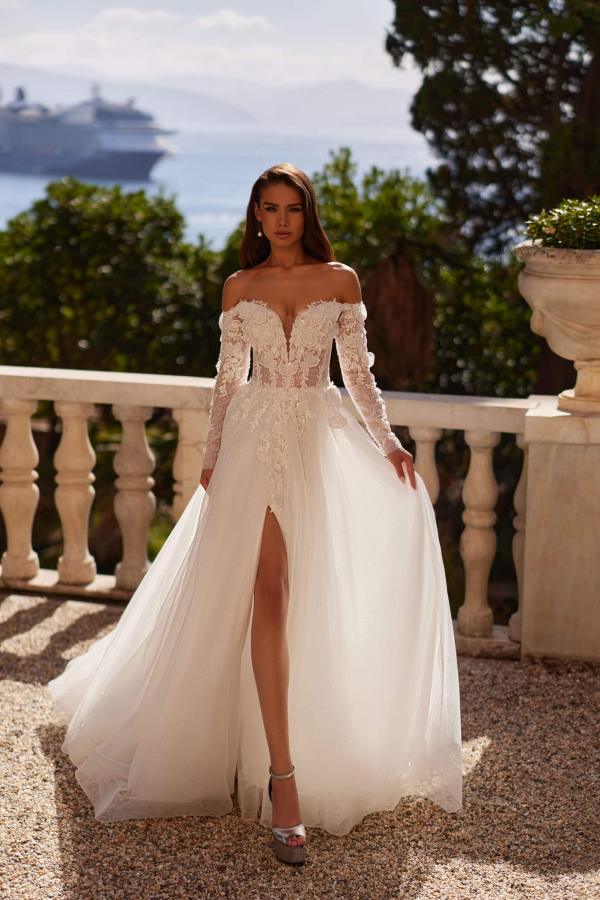 navy blue dress for baby girl Casablanca Bridal 2455 Mae Wedding Dress Off The Shoulder A Line Lace with Slit 2 / Ivory/Nude/Ivory/Silver main image 0