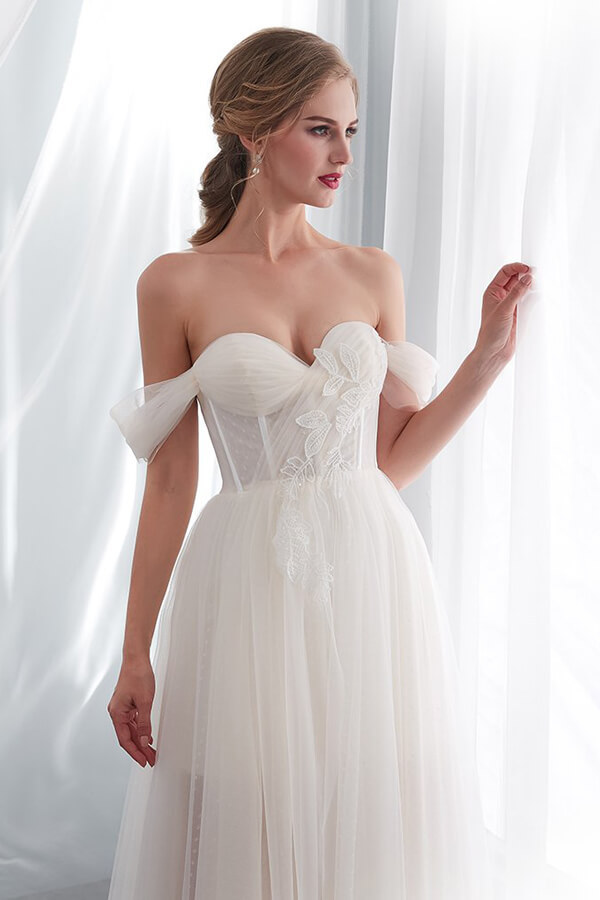 Long Sweetheart Lace-up Tulle Off the Shoulder A-line Wedding Dress