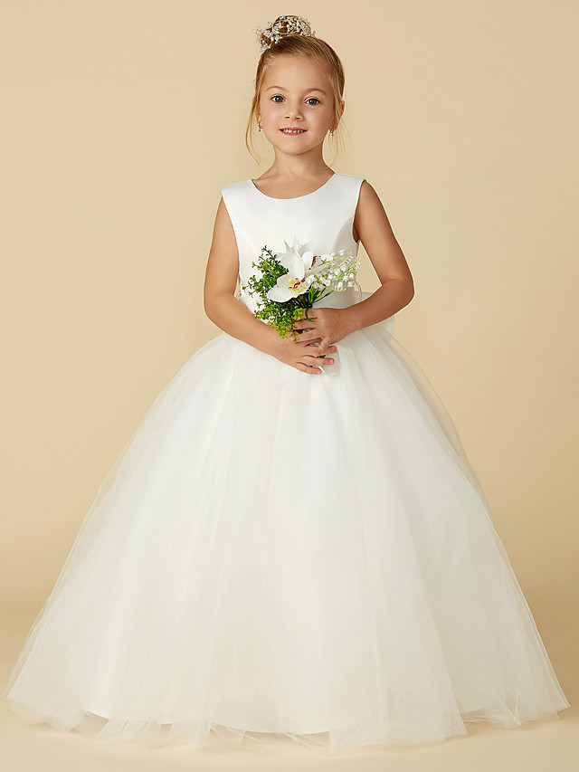 A-Line Floor Length Wedding / First Communion Flower Girl Dresses - Satin / Tulle Sleeveless Jewel Neck With Bow(S) / Buttons