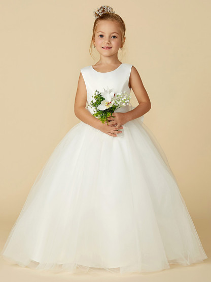 A-Line Floor Length Wedding / First Communion Flower Girl Dresses - Satin / Tulle Sleeveless Jewel Neck With Bow(S) / Buttons