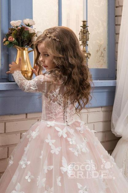 White Scoop Neck Long Sleeves Ball Gown Flower Girls Dress