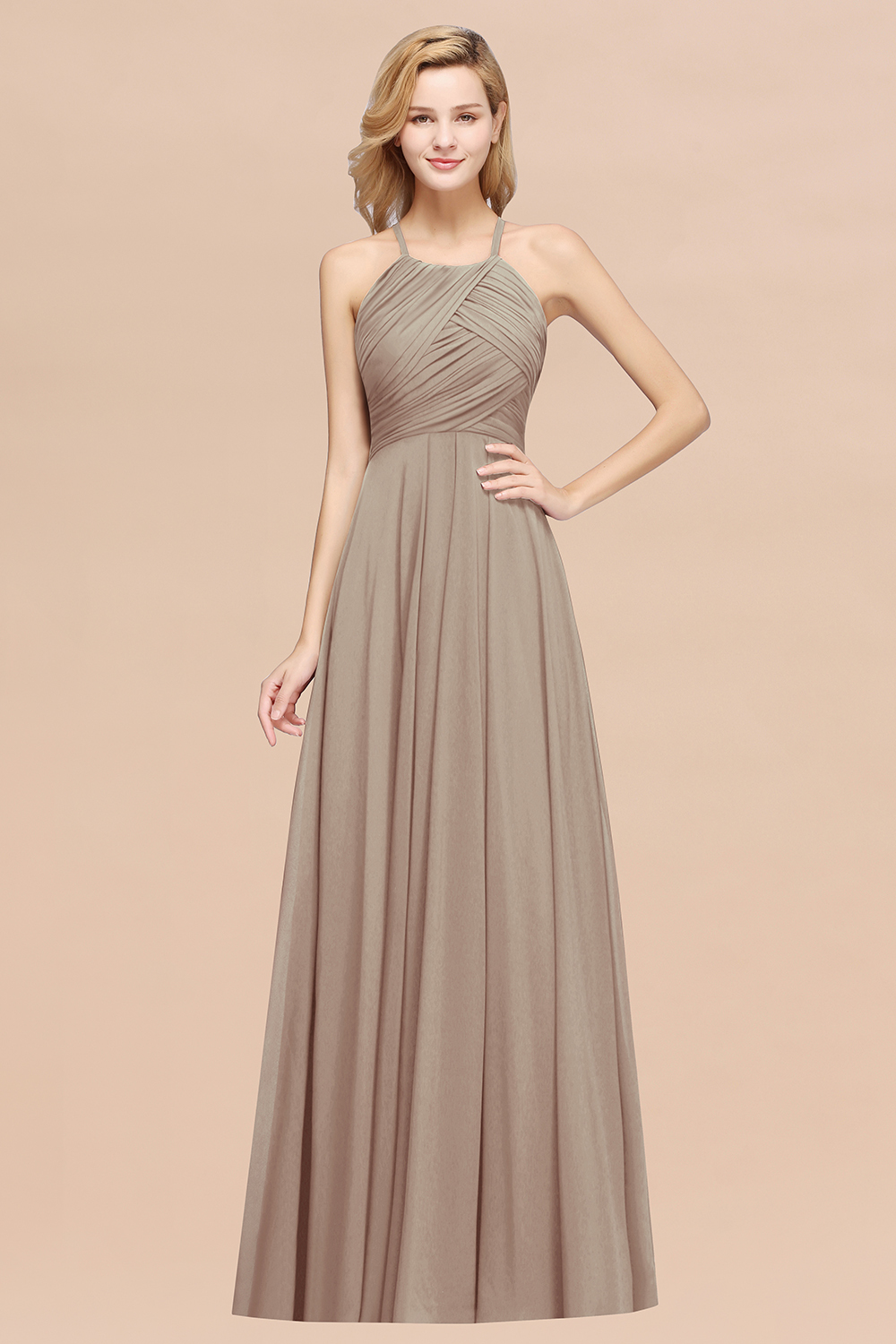 A-Line Chiffon Halter Ruffles Floor-Length Bridesmaid Dress