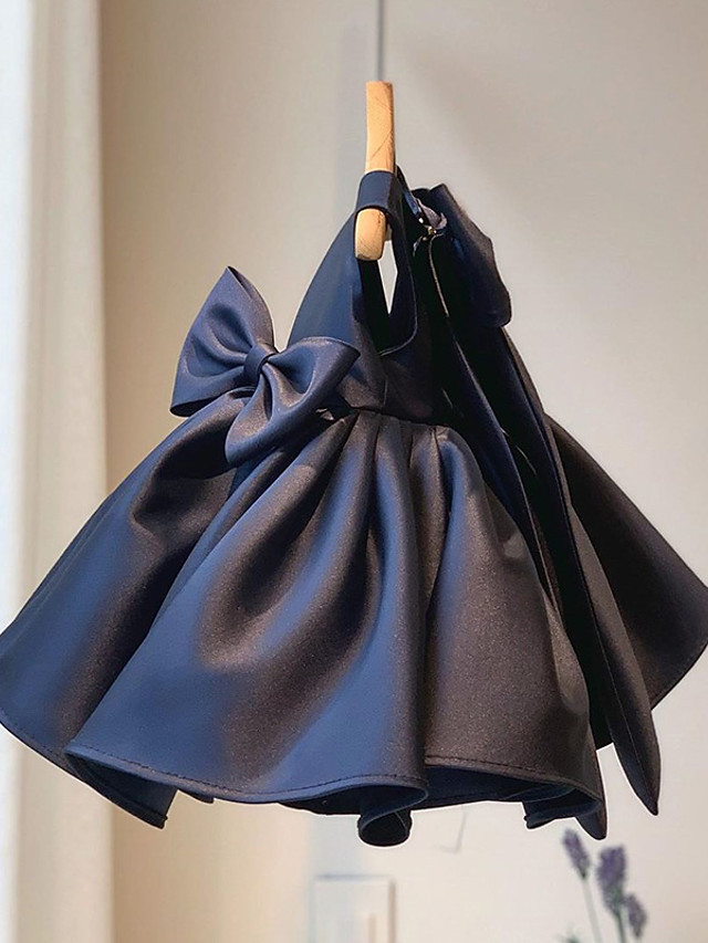 Short Ball Gown Satin Sleeveless Square Neck Party Flower Girl Dresses with Bow