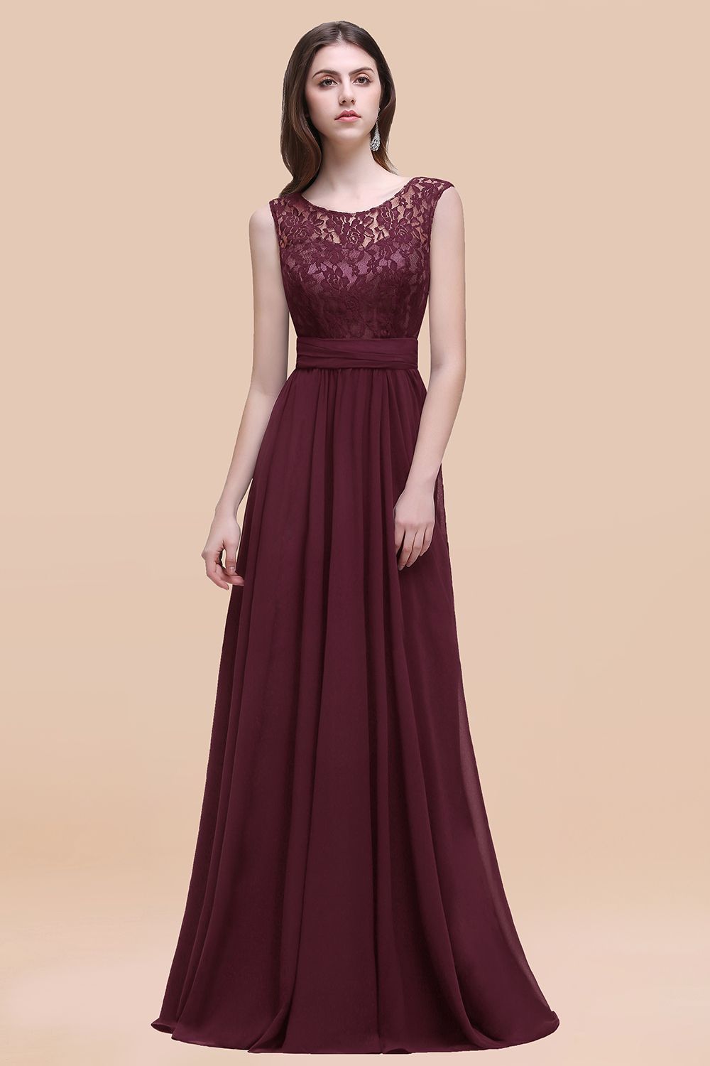 Elegant A-line Chiffon Lace Scoop Sleeveless Floor-Length Bridesmaid Dress