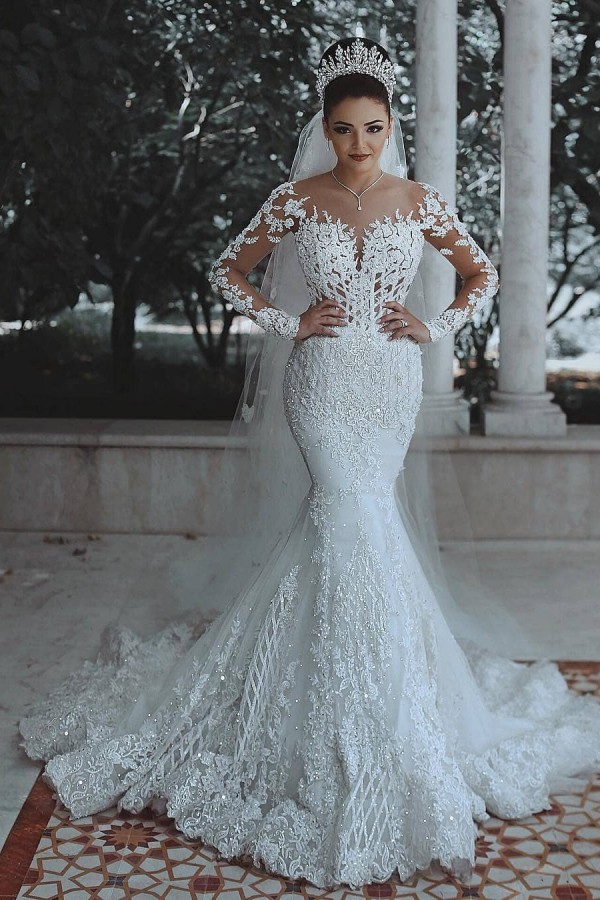 White Long Sweetheart Lace Mermaid Tulle Wedding Dresses with Sleeves