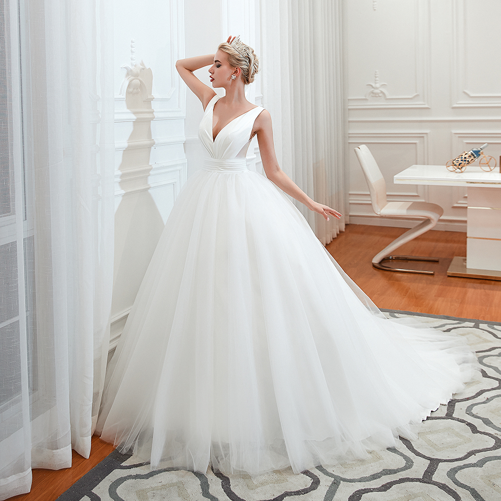 Long A-Line Tulle Wide Straps Deep V-neck Floor-length Wedding Dress