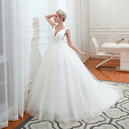 Long A-Line Tulle Wide Straps Deep V-neck Floor-length Wedding Dress