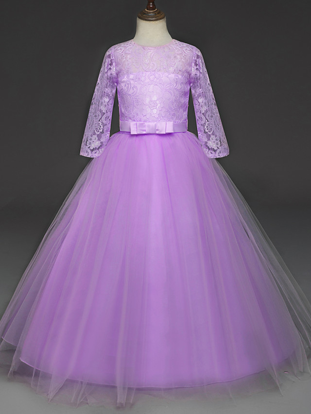 Princess Long Length Wedding / Party / Pageant Flower Girl Dresses - Lace / Tulle Half Sleeve Jewel Neck With Lace / Belt