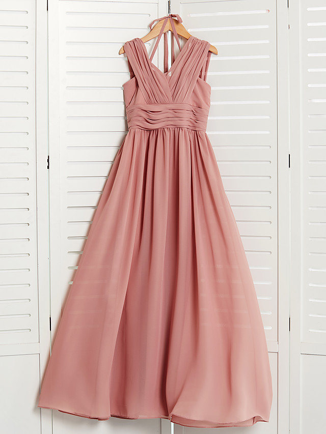 Long A-Line V Neck Chiffon Junior Bridesmaid Dress