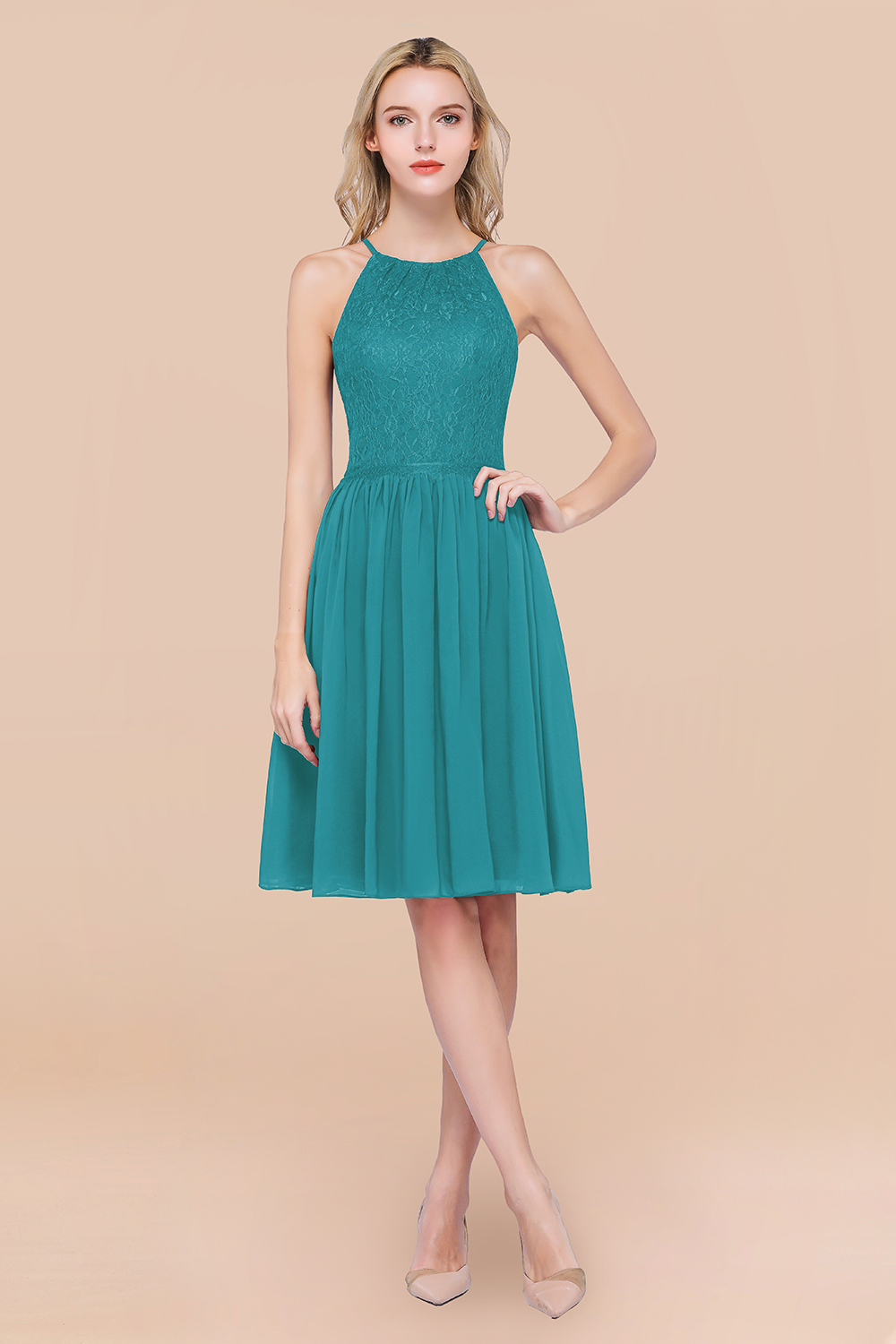 A-line Chiffon Lace Jewel Sleeveless Knee-Length Bridesmaid Dresses with Ruffles