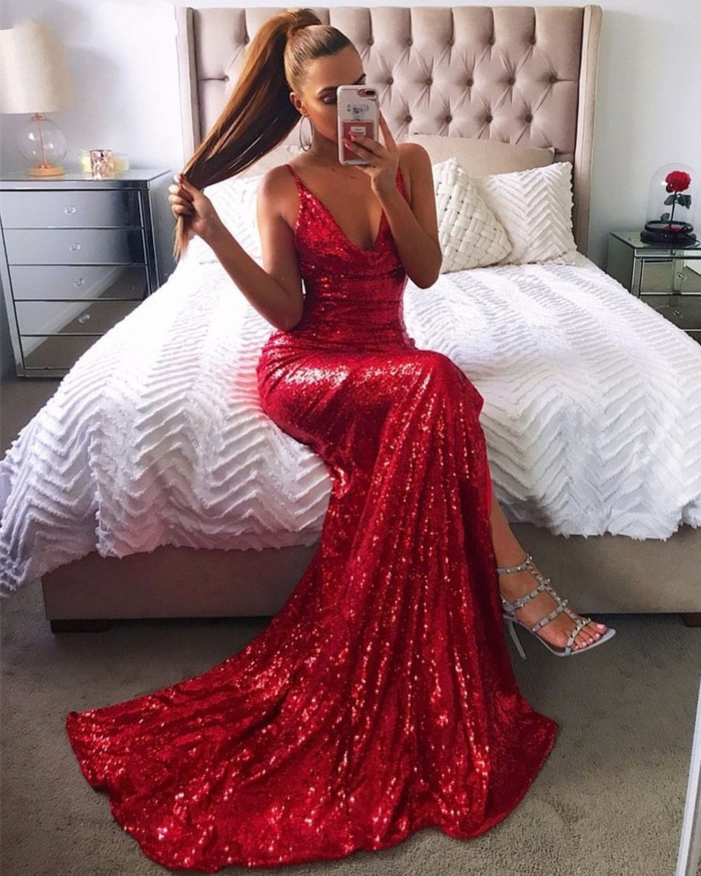 Simple Red Long Mermaid V-neck Sequin Backless Prom Dress with Slit