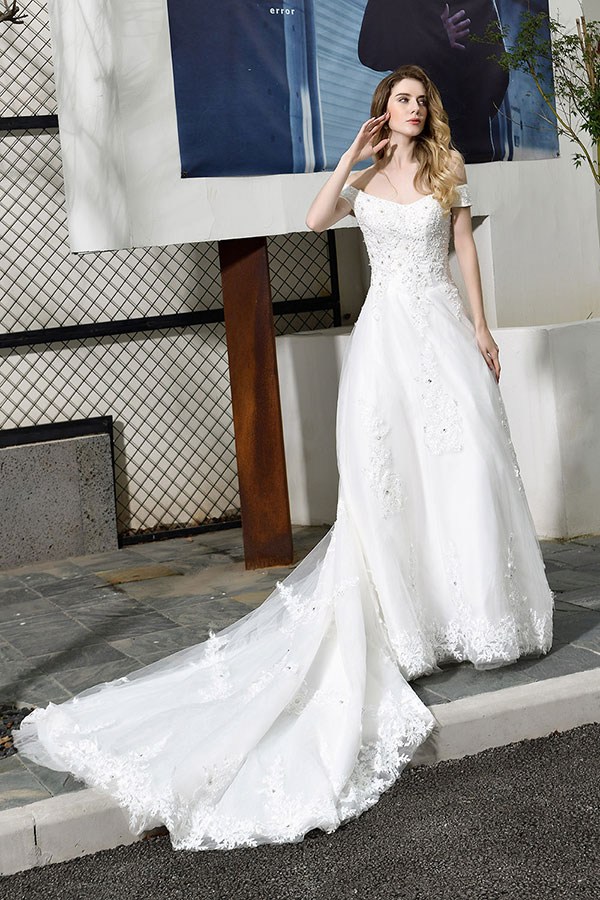 Gorgeous Long A-Line Lace Off Shoulder Satin Wedding Dress