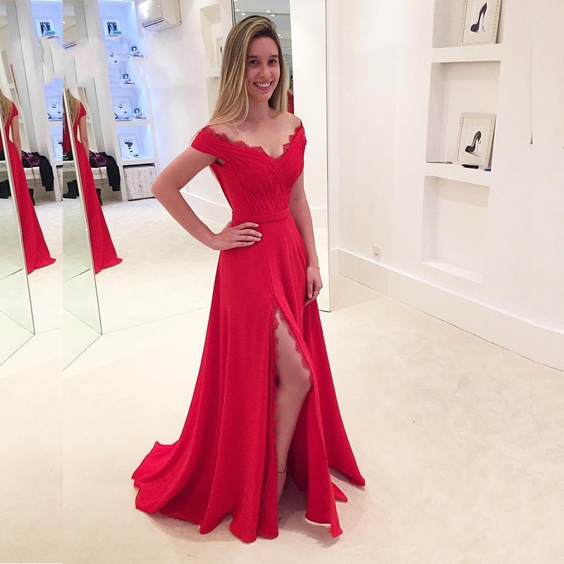 Classy Off-the-shoulder A-Line Floor-length Ruffles Prom Dress With Side Slit