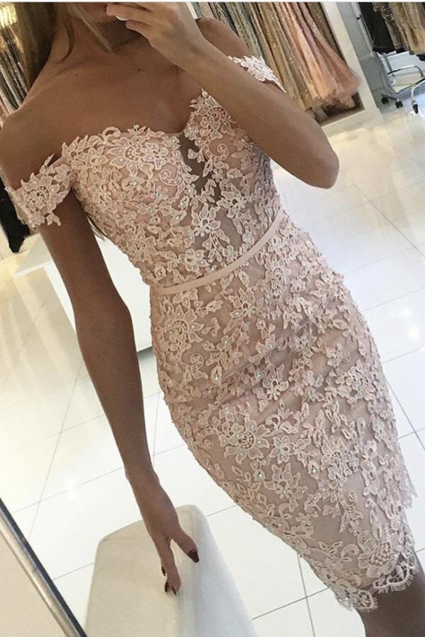 Elegant Pink Short Mermaid Off-the-shoulder Lace Prom Dress