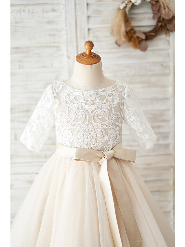 Ball Gown Knee Length Wedding / Birthday Flower Girl Dresses - Lace / Tulle Half Sleeve Jewel Neck With Belt / Buttons