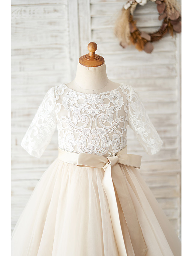 Ball Gown Knee Length Wedding / Birthday Flower Girl Dresses - Lace / Tulle Half Sleeve Jewel Neck With Belt / Buttons