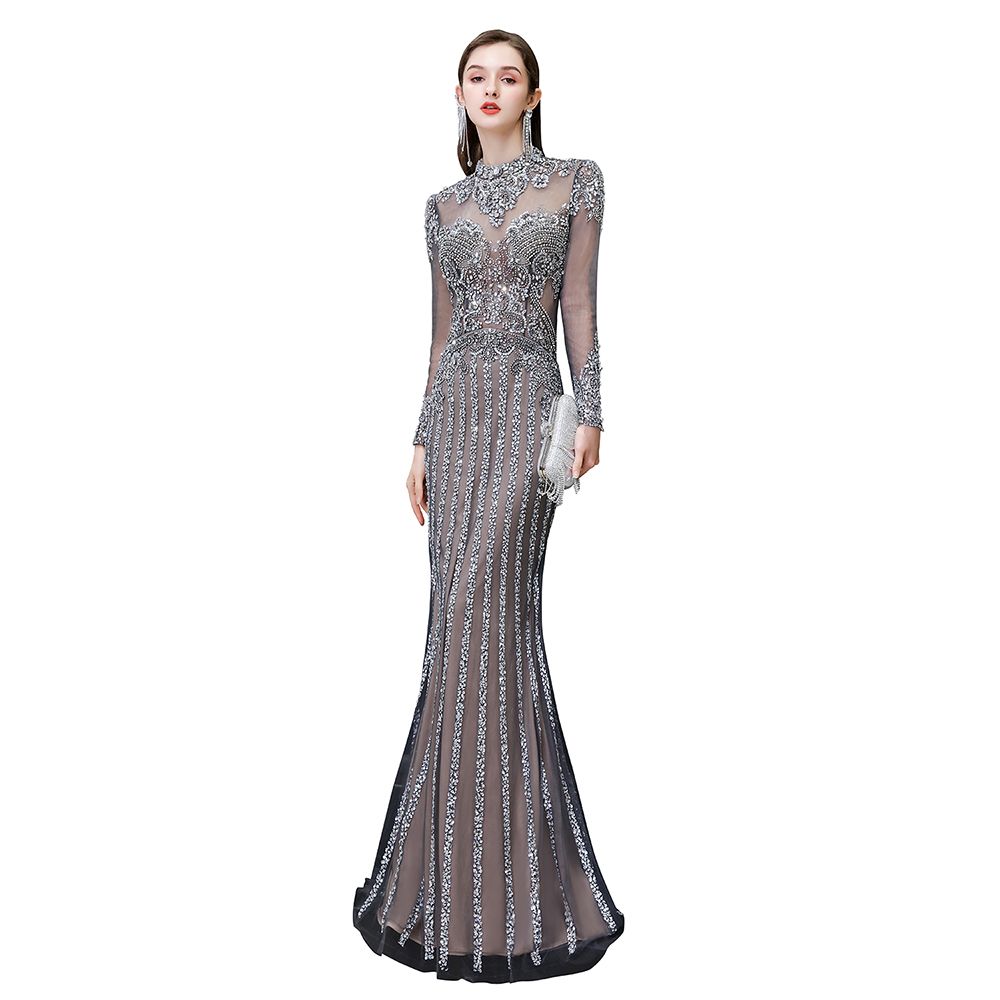 Long Sleeve Mermaid Sequins High-Neck Evening Gowns