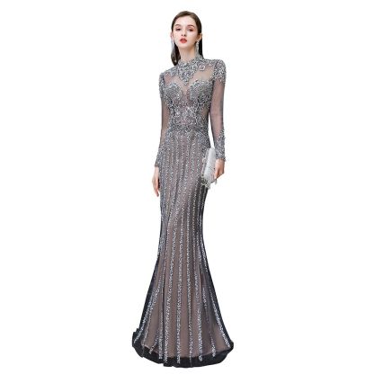 Long Sleeve Mermaid Sequins High-Neck Evening Gowns