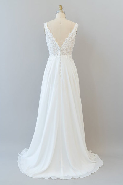 Long V-neck Appliques Lace Chiffon A-line Wedding Dress