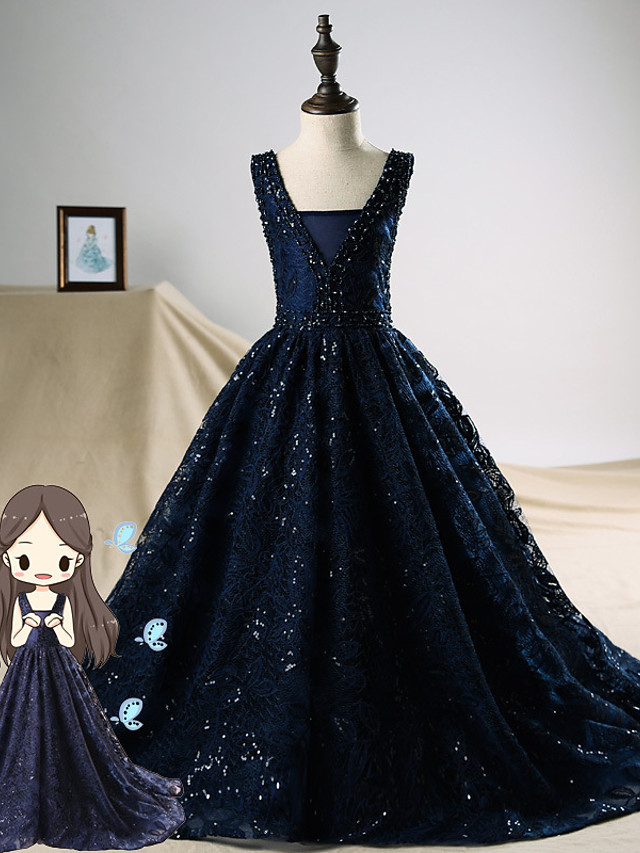 Dark Navy Long A-line Sequin Engagement Party Flower Girl Dresses