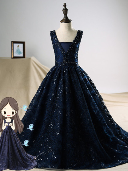 Dark Navy Long A-line Sequin Engagement Party Flower Girl Dresses