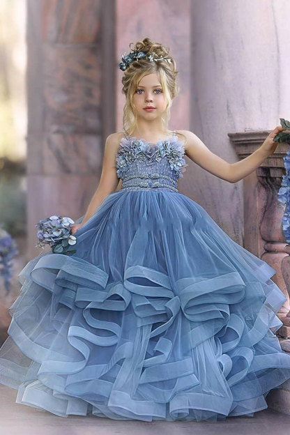 Cute Dusty Blue Long Spaghetti Straps Strapless Tulle Princess Flower Girl Dresses