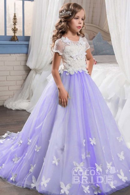 Pink Scoop Neck Short Sleeves Ball Gown Flower Girl Dress