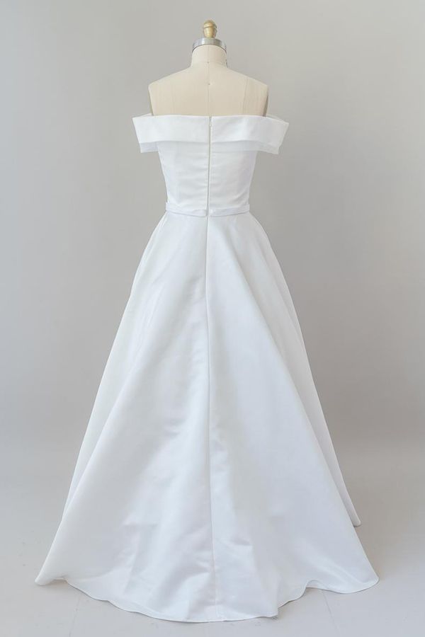 Elegant Long Off the Shoulder Satin A-line White Wedding Dress
