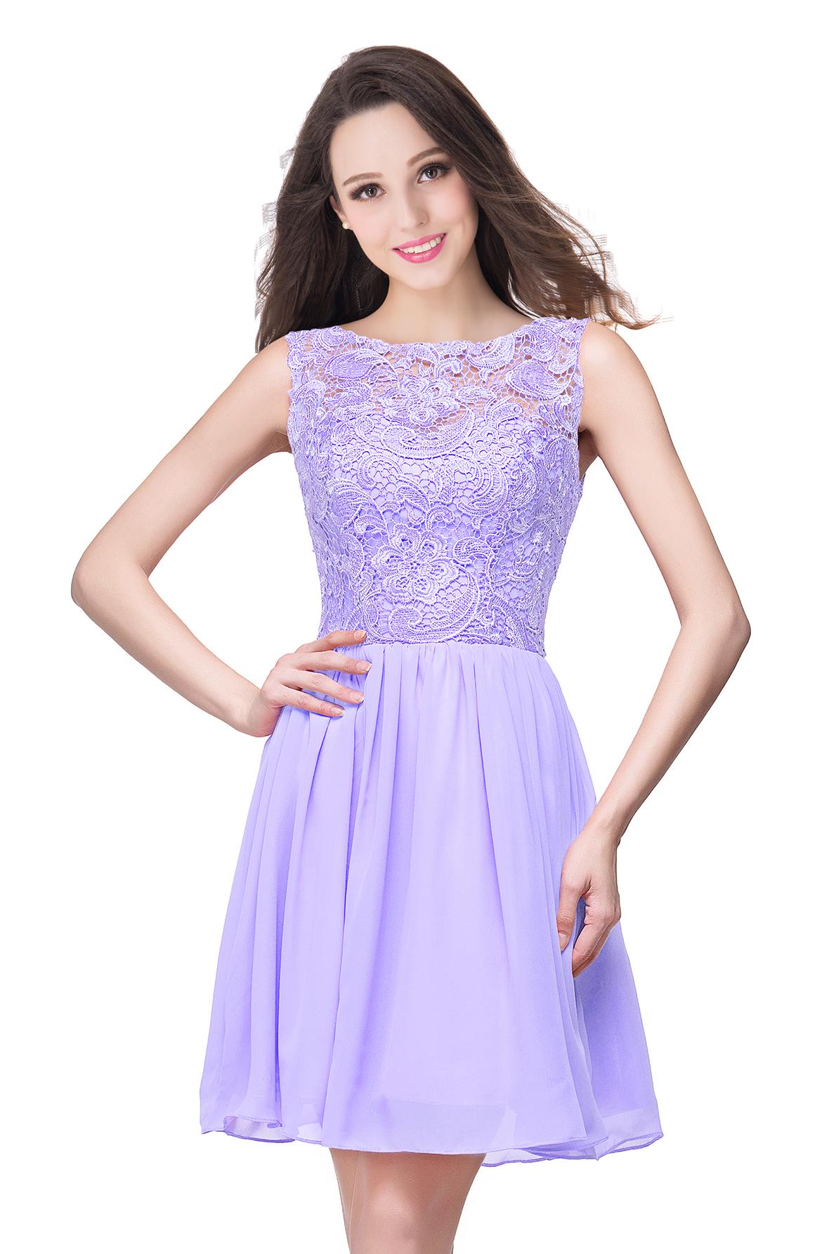 Simple Crew Neck Off The Shoulder Lace Chiffon Mini Homecoming Dress