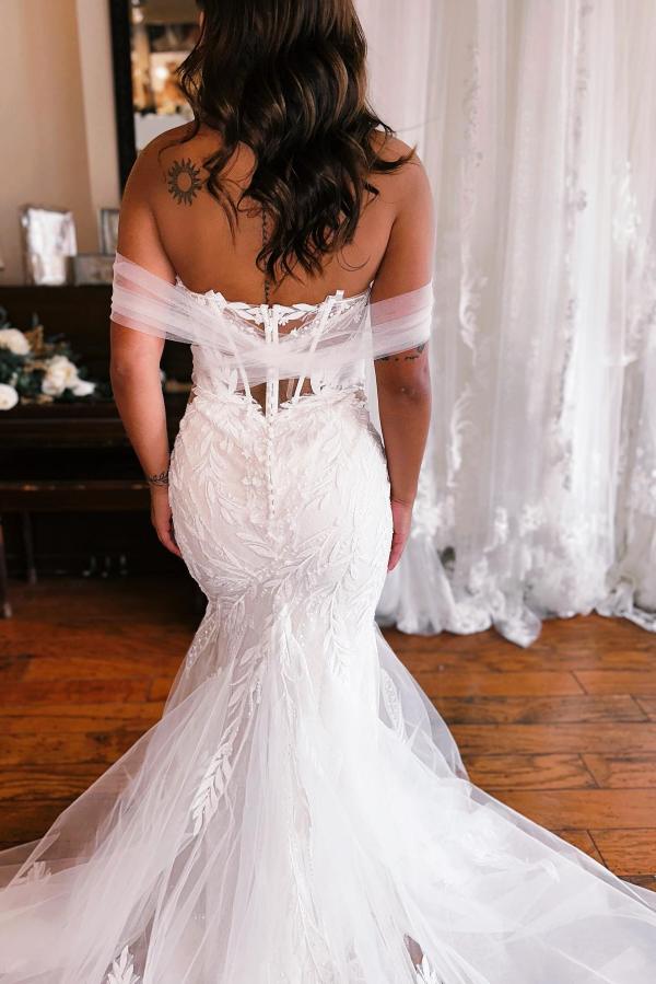 Mermaid Off-the-Shoulder Sweetheart Tulle Lace Long Wedding Dress with Appliques