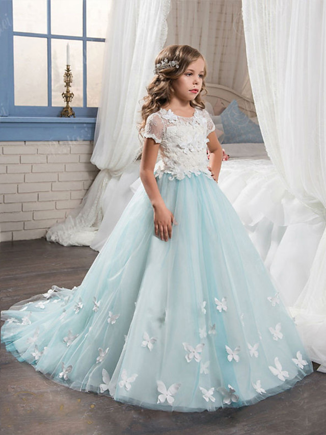 Ball Gown Sweep / Brush Train Wedding / Birthday / Pageant Flower Girl Dresses - Tulle / Cotton Short Sleeve Jewel Neck With Lace / Embroidery / Appliques