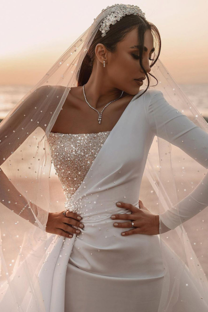 One Shoulder Long Sleeve Sequins Satin A-line Wedding Dress