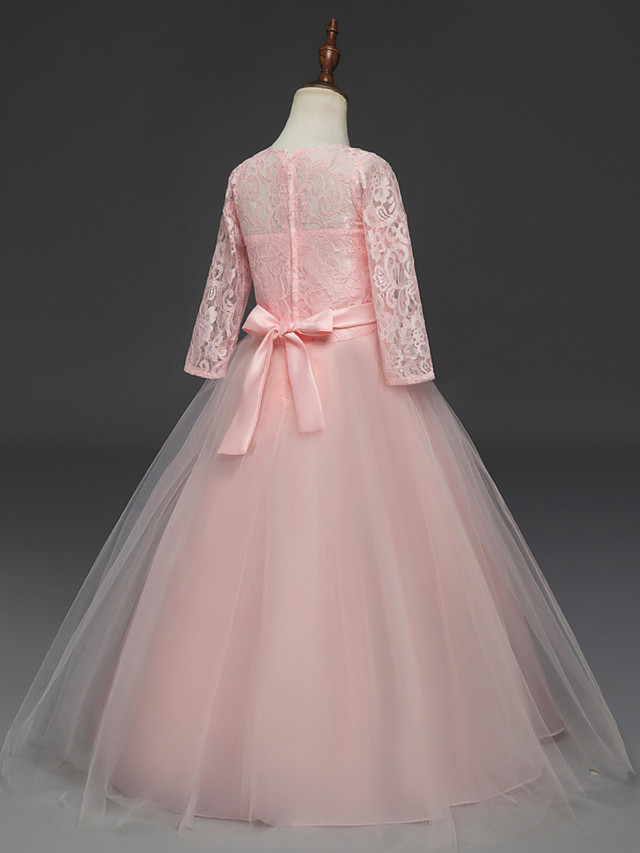 Princess Long Length Wedding / Party / Pageant Flower Girl Dresses - Lace / Tulle Half Sleeve Jewel Neck With Lace / Belt
