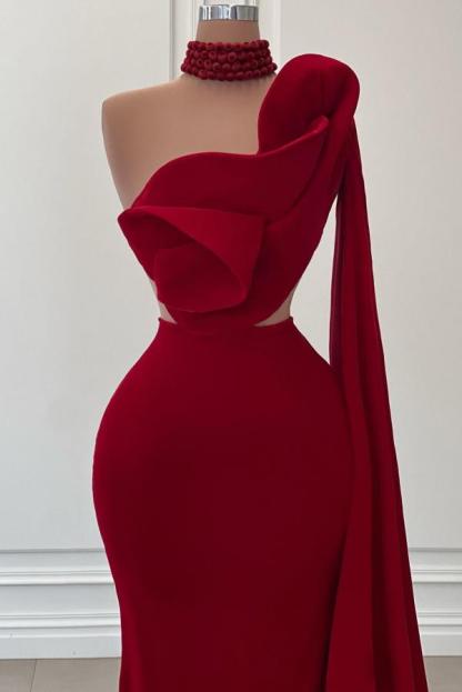 Burgundy Long Mermaid One Shoulder Satin Prom Dresses with Flowers
