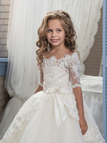 Ball Gown Tulle Half Sleeve Lace Floor Length Flower Girl Dresses