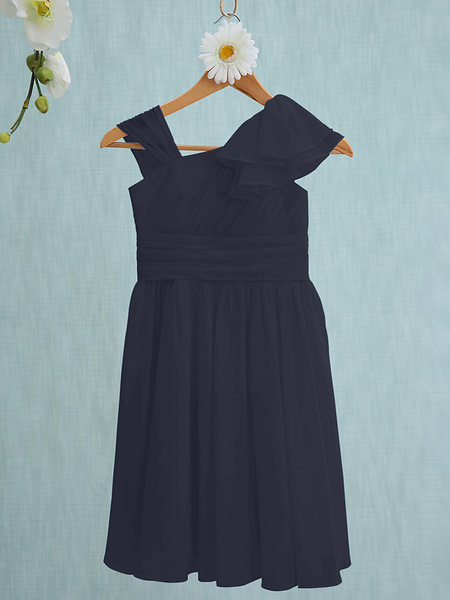 Sheath / Column Straps Knee Length Chiffon Junior Bridesmaid Dress With Ruffles / Side Draping / Natural