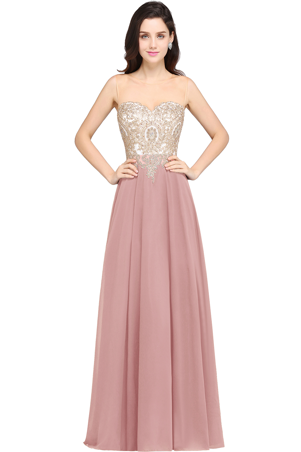 A-line Scoop Dark Navy Chiffon Evening Dresses with Appliques