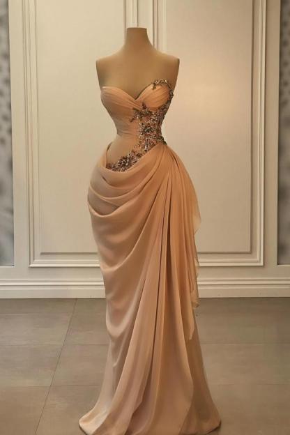 Strapless Sweetheart Mermaid Long Draped Satin Prom Dress with Beads and Rhinestones